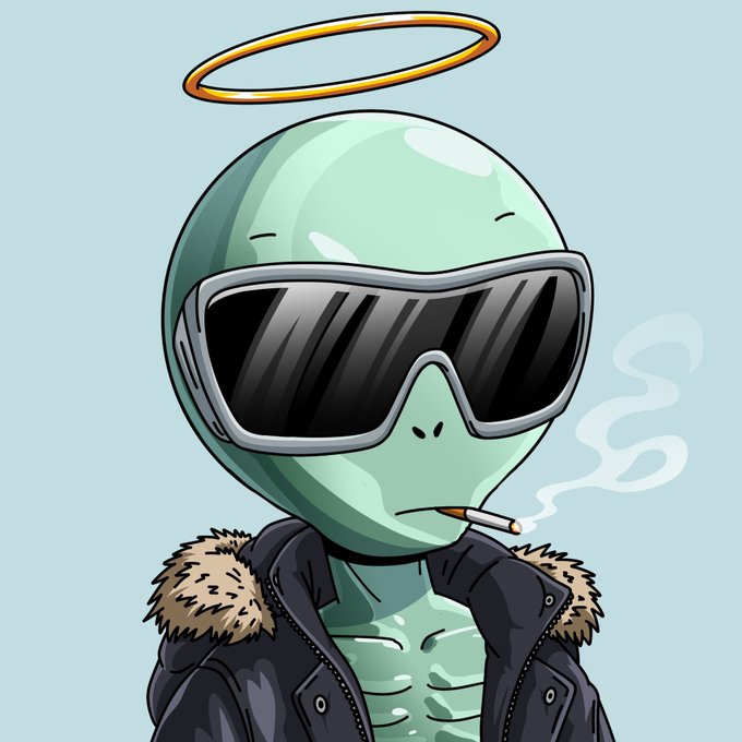 A cartoon illustration of a green alien character wearing large dark sunglasses, with a halo above its head and a cigarette in its mouth, dressed in a fur-hooded jacket.