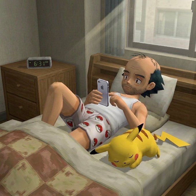 An illustration of a balding anime-style man lying in bed wearing a tank top and patterned shorts, looking at his smartphone, with a sleeping Pikachu beside him and a digital clock showing 6:31 AM.