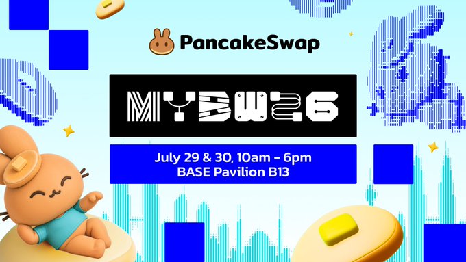 A PancakeSwap promotional banner reading 'MYBWC6', 'July 29 & 30, 10am - 6pm', 'BASE Pavilion B13', featuring a cute bunny character and pancakes.