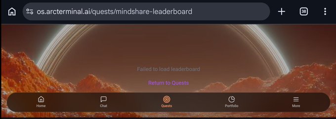 A mobile browser screenshot of os.arcterminal.ai/quests/mindshare-leaderboard showing a 'Failed to load leaderboard' error message with a 'Return to Quests' link, set against a reddish cosmic landscape.