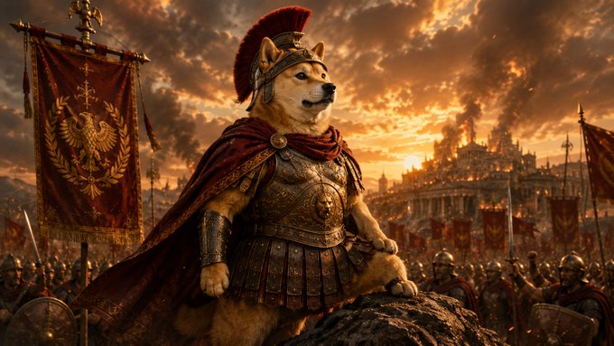 A dramatic digital painting of a Shiba Inu dog dressed as a Roman centurion in armor and a red plumed helmet, standing on a rock before a battlefield with legions and a burning city in the background.