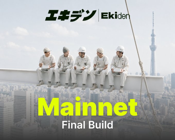 Promotional image for Ekiden's 'Mainnet Final Build' showing five workers in white uniforms sitting on a steel beam high above Tokyo with Tokyo Skytree in the background.