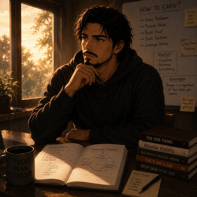 An illustrated scene of a young man at a desk planning 'How to Earn' with strategies like solving problems, building trust, and scaling systems, surrounded by self-development books like 'Atomic Habits' and 'Rich Dad Poor Dad'.