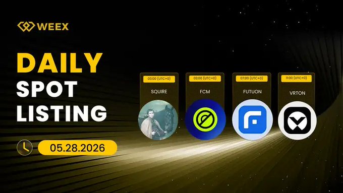 The image features a poster for a daily spot listing, which includes four different logos of various cryptocurrencies. The poster has a black background with white text that reads "Daily Spot Listing" at the top. Below this, there are descriptions of each cryptocurrency logo in yellow and blue text. The first logo is a square with a man's face on it, followed by a circle with a green dot, then another square with a man's face, and finally, a rectangle with a white "X".