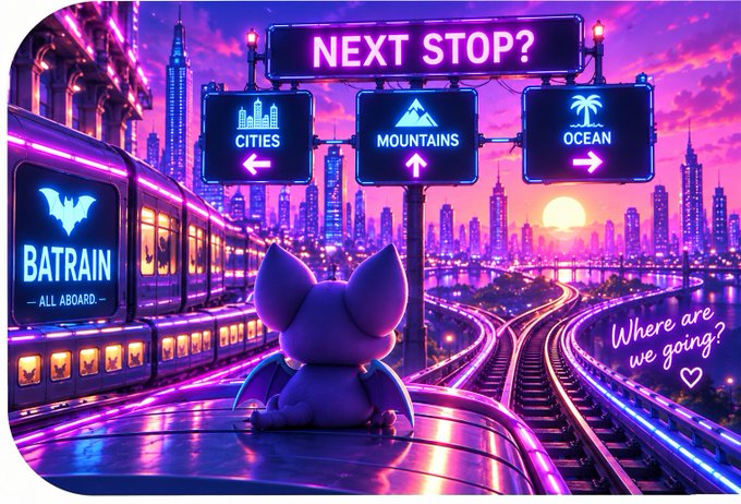 A small purple bat sits on glowing train tracks facing a "NEXT STOP?" signpost with directional arrows pointing to "CITIES," "MOUNTAINS," and "OCEAN," with a neon "BATRAIN - ALL ABOARD -" train waiting to the left in a vibrant cyberpunk cityscape at sunset. The handwritten note "Where are we going? ♥" mirrors the post's theme of BATRAIN's mysterious, open-ended journey.
