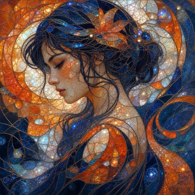 An ornate digital artwork in the style of stained glass depicts a serene woman with flowing dark hair, surrounded by intricate blue and orange swirling patterns and decorative orbs.