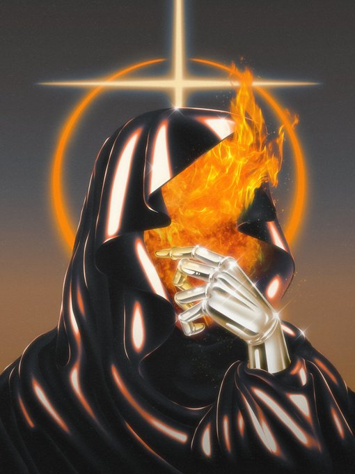 A digital artwork depicts a hooded figure in glossy black robes with a golden metallic hand, holding a flaming orb in front of a glowing cross and circular halo.