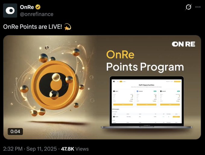 A Twitter/X post from OnRe (@onrefinance) announces 'OnRe Points are LIVE!' featuring an image of the 'OnRe Points Program' with a golden coin graphic and a laptop showing the DeFi Opportunities dashboard.