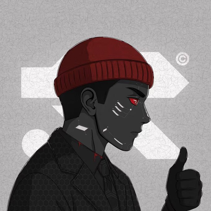 A digital illustration of a dark-skinned figure wearing a red beanie with a glowing red eye, giving a thumbs-up gesture against a gray textured background.
