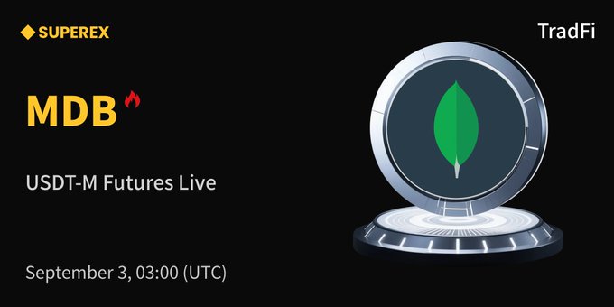 A promotional banner for SuperEx announces the launch of MDB USDT-M Futures Live on September 3 at 03:00 UTC, featuring a sleek metallic coin emblem with a green leaf design. The graphic highlights the trading availability of MongoDB (MDB) on the platform, tying into the post's message about MongoDB's role as a key data platform powering AI and modern software development.