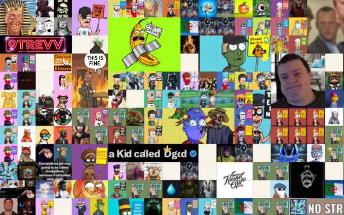 A busy collage meme image filled with various cartoon characters, emoji-style figures, and references including 'OTREVV', 'THIS IS FINE', 'a Kid called Dgcd', and a YouTube thumbnail in the corner.