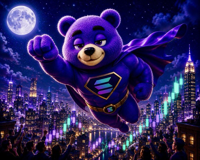 A muscular purple teddy bear with a cape and the Solana logo on its chest flies over a neon-lit cityscape under a full moon, blending adorable plush aesthetics with superhero grandeur. The image visually reinforces the post's $POOPSIE "hero" narrative by casting the meme token as a soaring guardian above a glowing crypto-themed skyline.