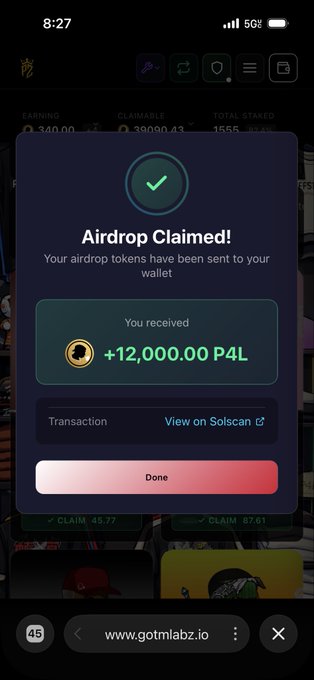 Mobile screen showing an 'Airdrop Claimed!' notification from www.gotmlabz.io, confirming receipt of +12,000.00 P4L tokens.