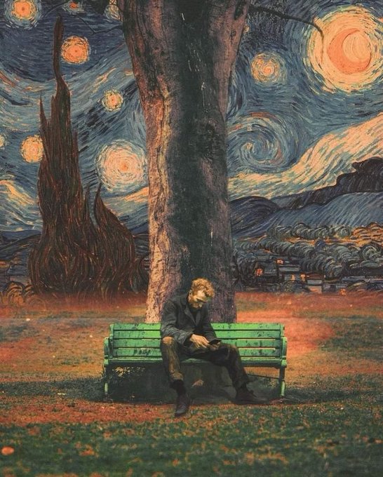 A surreal composite image showing a person sitting on a green bench beneath a large tree, set against the swirling painted background of Van Gogh's "Starry Night."