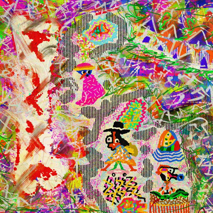 A vibrant, chaotic mixed-media artwork filled with neon colors, abstract scribbles, patterns, and stylized cartoon figures including one wearing a black hat.