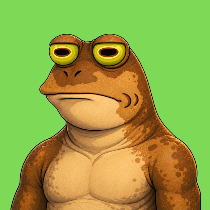 An illustration of a brown, frog-like humanoid with large yellow-green eyes standing against a bright green background.