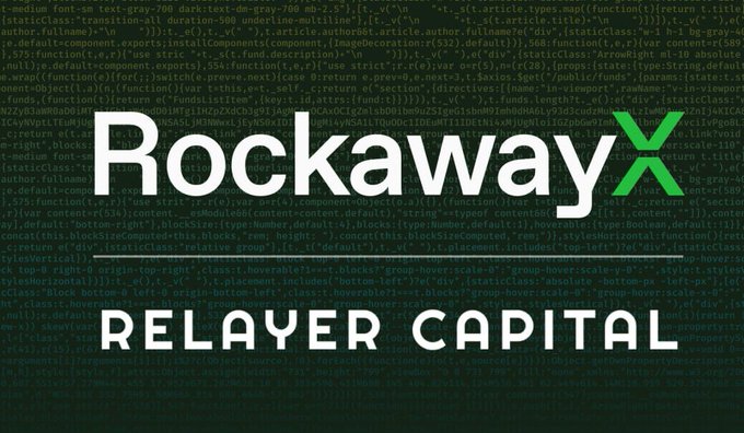 The image displays the "RockawayX" logo with "Relayer Capital" written beneath it in white text against a background of code, visually representing the merger of the two firms mentioned in the post about RockawayX acquiring Relayer Capital.
