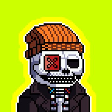 A pixel art illustration of a skeletal character wearing an orange beanie and a dark jacket over a striped shirt, with a red X over one eye socket, set against a green background.