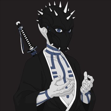 A digital drawing shows a character with spiky black hair, a black face mask, and white markings, wearing a formal black suit and carrying a katana.