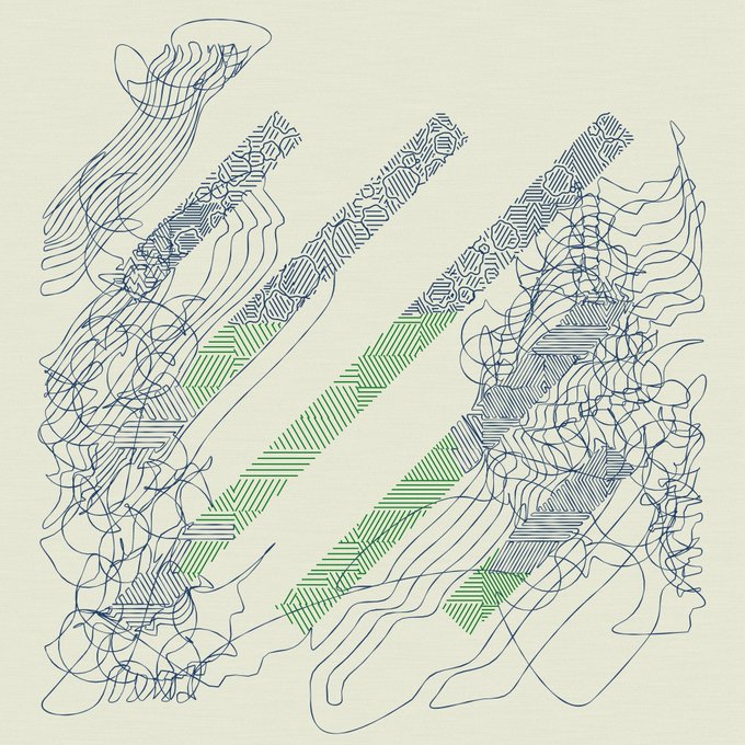 An abstract digital artwork featuring chaotic, hand-drawn style linework in dark blue forming organic, topographical shapes, interwoven with rigid green diagonal stripes against a pale cream background.