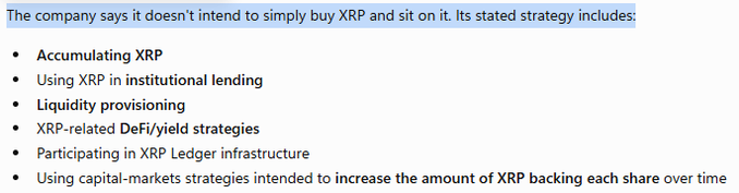 A text excerpt outlining a company's XRP strategy, including accumulating XRP, using it in institutional lending, liquidity provisioning, DeFi/yield strategies, and participating in XRP Ledger infrastructure.
