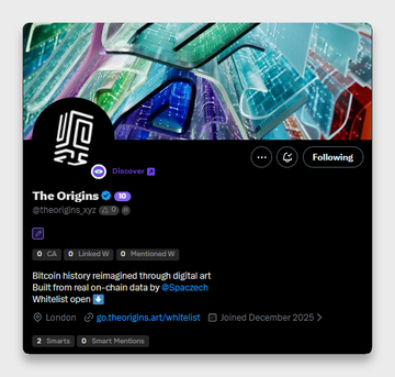 Twitter/X profile card for 'The Origins' (@theorigins.xyz) with the bio 'Bitcoin history reimagined through digital art' and location listed as London.