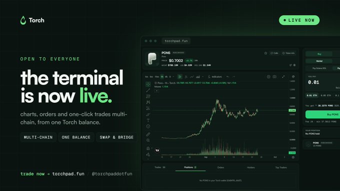 A promotional image for the Torch trading terminal, advertising 'the terminal is now live' with features for multi-chain trading, one balance, and swap & bridge, showing a trading interface for the PONG token.
