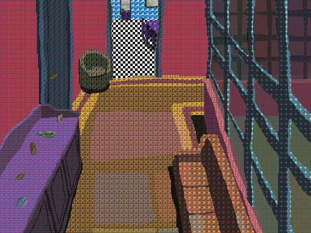 A retro 3D pixelated video game scene shows an interior room with a green barrel, checkered doorway, patterned rug, and metal staircase.