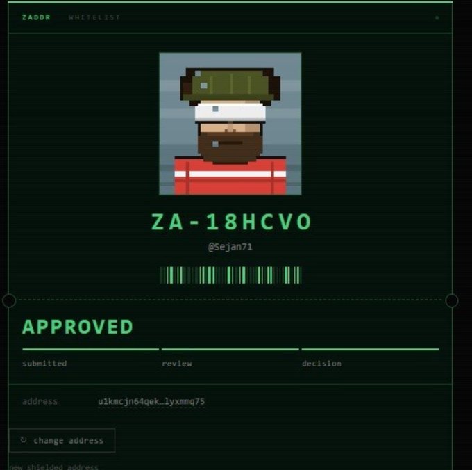 A pixel art whitelist approval screen from ZADDR showing a character avatar (handle @Sejan71), the address ZA-18HCV0, an 'APPROVED' status, and an associated shielded address.