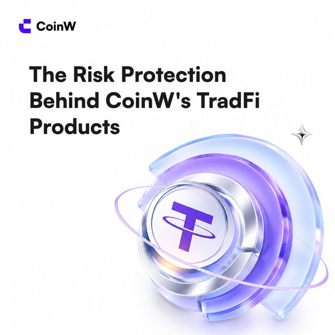 A CoinW promotional graphic titled 'The Risk Protection Behind CoinW's TradFi Products' featuring a purple Tether (USDT) coin design with a shield-like emblem.