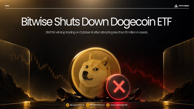 News graphic from CryptoMusk about Bitwise shutting down their Dogecoin ETF (BWOW), which will stop trading on October 14 after attracting less than $1 million in assets.