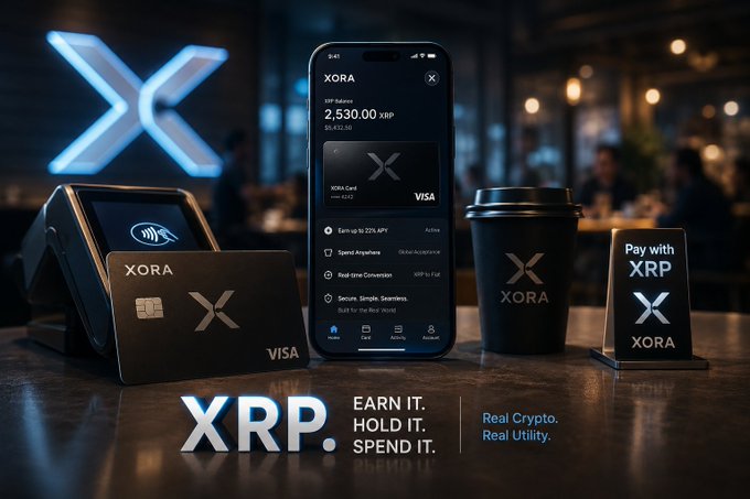 A promotional advertisement for XRP cryptocurrency, showing a smartphone displaying the XORA app with an XRP balance, alongside a Visa XORA card and a coffee cup branded with the XRP logo, with the tagline 'XRP. EARN IT. HOLD IT. SPEND IT.'