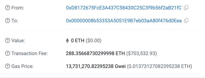 A blockchain transaction record showing a transfer of 0 ETH ($0.00) from address 0xD8172675... to address 0x000000008b... with an extraordinarily high transaction fee of 288.35668730299998 ETH ($703,532.93) and a gas price of 13,731,270.82395238 Gwei, illustrating the MEV bot front-running attack described in the lawsuit against Lido Finance and stakefish.