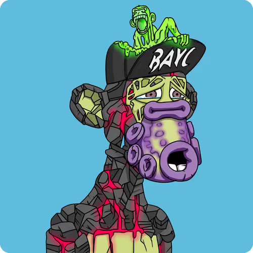 An illustration of a zombie-like character made of lava rock with a green zombie emerging from a black cap reading 'BAYC', featuring purple bubble-like facial features.