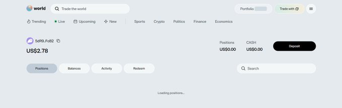 The image shows a trading platform interface for the "world" account, displaying a 5dfR9.FcR2 wallet with a balance of US$2.78, US$0.00 in positions and cash, and a "Loading positions..." message. It illustrates the post's claim that users like "A-Tai" are left with empty wallets after participating in the World event airdrop, despite completing transactions.