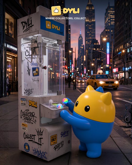 A blue and yellow Pudgy Penguin character plays a graffiti-covered "DYLI" claw machine on a city street at dusk, with the tagline "WHERE COLLECTORS, COLLECT" displayed at the top. The image promotes Collector Park's pop-up event, featuring the interactive DYLI claw machine as the centerpiece experience for attendees.