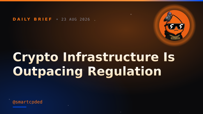 A "Daily Brief" dated 23 Aug 2026 featuring the headline "Crypto Infrastructure Is Outpacing Regulation" with the handle @smartcoded. The image ties to the post by visually framing the regulatory gap—exemplified by Kalshi's state-level blocks and CFTC involvement—that prediction markets are now exposing within crypto's infrastructure.