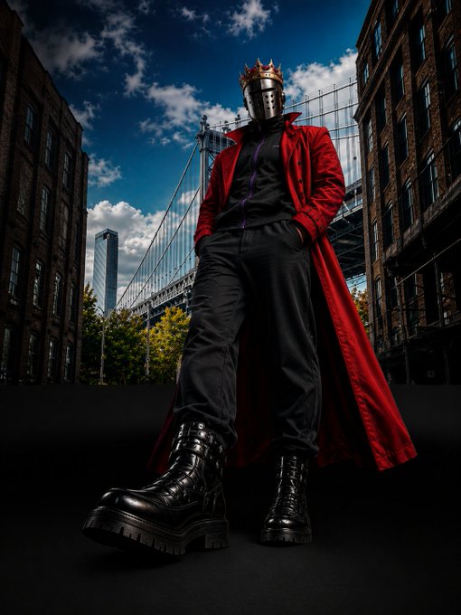 A low-angle photograph of a figure standing in an urban environment, wearing a long red coat, black clothing, large black boots, a metal helmet, and a crown, with a bridge and buildings visible in the background.