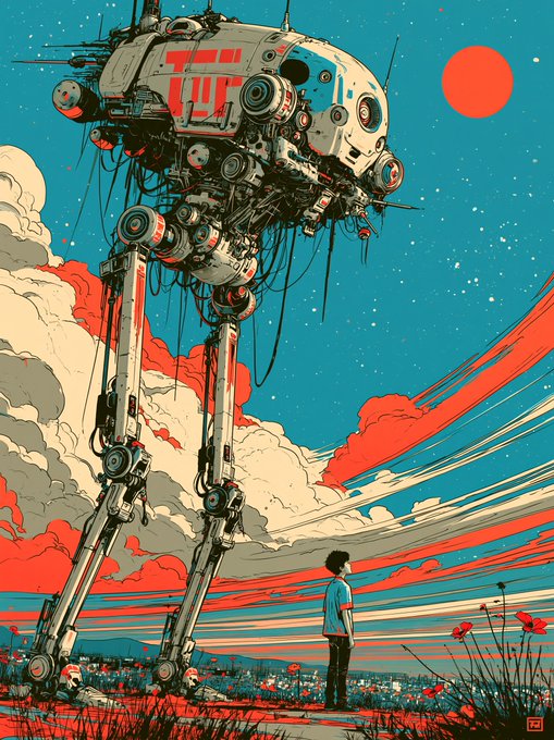 A stylized illustration shows a young boy standing in a field of red flowers, gazing up at a massive, intricate mechanical robot towering against a vibrant teal sky with a red sun.