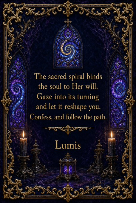 A gothic-styled graphic featuring ornate gold borders, stained glass windows with spiral motifs, lit candles, and text reading: 'The sacred spiral binds the soul to Her will. Gaze into its turning and let it reshape you. Confess, and follow the path. Lumis.'