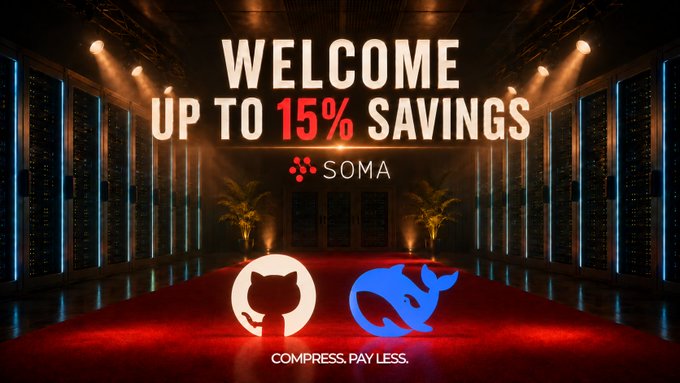 A promotional banner for SOMA hosting with 'WELCOME UP TO 15% SAVINGS' displayed prominently in a server room setting, featuring GitHub and Docker logos with the tagline 'COMPRESS. PAY LESS.'