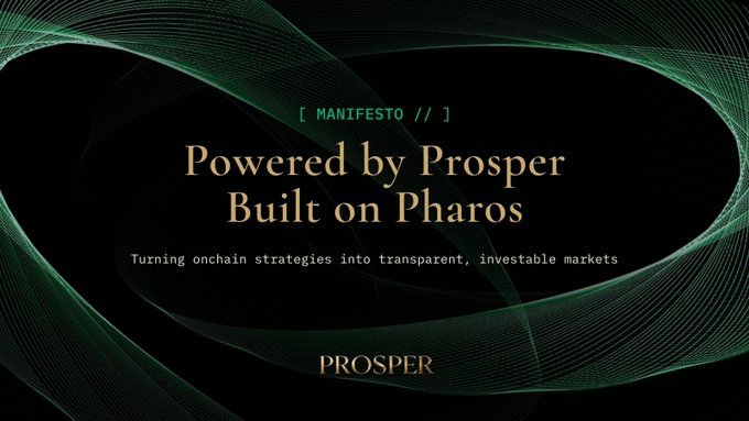 A sleek black and green banner for Prosper's "Manifesto" reads "Powered by Prosper, Built on Pharos — Turning onchain strategies into transparent, investable markets." The image visually reinforces the post by branding Prosper's effort to make liquid alpha discoverable, verifiable, and priced into the performance market.