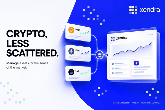 The image is a promotional graphic for **Xendra**, featuring the headline **"CRYPTO, LESS SCATTERED."** with the tagline **"Manage assets. Make sense of the market."** It displays cards for **BTC, ETH,** and **SOL** connecting to a unified Xendra dashboard, visually illustrating how the platform consolidates managing multiple cryptocurrencies into one interface. This directly reinforces the post's message about the frustration of juggling different tools for Bitcoin, Ethereum, and Solana by presenting Xendra as the all-in-one solution for tracking prices, market movements, and dApps.