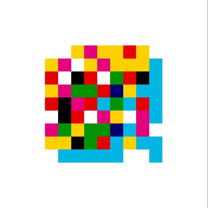 A pixelated, multi-colored 8-bit style artwork featuring a chaotic mosaic of red, yellow, green, blue, black, and white squares arranged in an abstract, blocky composition.