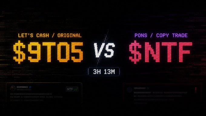 A digital graphic with a dark background displaying the text 'LET'S CASH / ORIGINAL $9TOS VS $NTF PONS / COPY TRADE' along with a countdown timer of '3H 13M'.