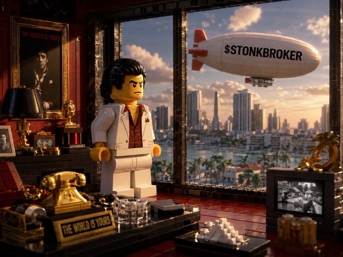 A large LEGO figure of "The Wolf of Yiggs" in a white suit stands in a luxurious office overlooking a city skyline, while a blimp labeled "$STONKBROKER" floats outside, visually reinforcing the post's message about not fading the "$STONKBROKER" ticker.