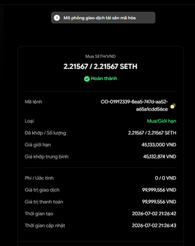 A screenshot of a SETH/VND "Mua (SETH/VND)" transaction receipt showing 2.21567 SETH purchased at 45,133,000 VND per unit (total ~45,132,874 VND), with 0 VND taker fee, 99.999% sell/buy prices, and a completed timestamp of 2026-07-02, illustrating the post's claim that CAEX charges no fees on buy orders.
