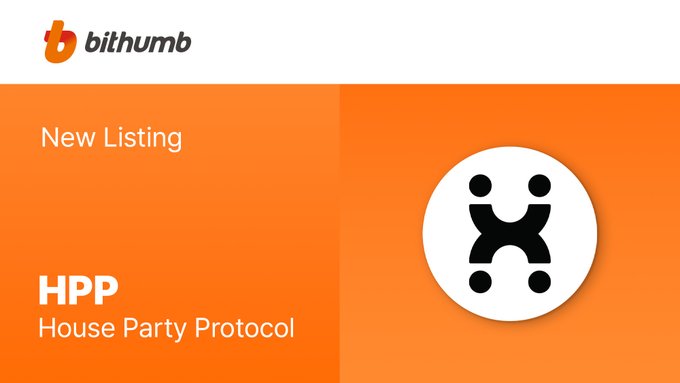 The image features an advertisement for Bithumb's new listing service, HPP (House Party Protocol). The background of the image is orange with a white border, and there are two columns of text below the image. The first column has a white header that reads "New Listing" followed by a black logo featuring a white circle with a black x in the center. Below this, there's a smaller white header that says "HPP". The second column contains a white header with a black x in the middle and a small white text box below it that says "House Party Protocol".
