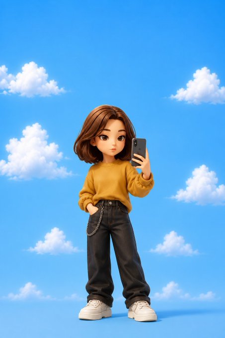 A 3D-rendered stylized cartoon figure of a girl with short brown hair, wearing a mustard yellow sweater, dark jeans with a chain, and white sneakers, holding a smartphone against a blue sky with white clouds.
