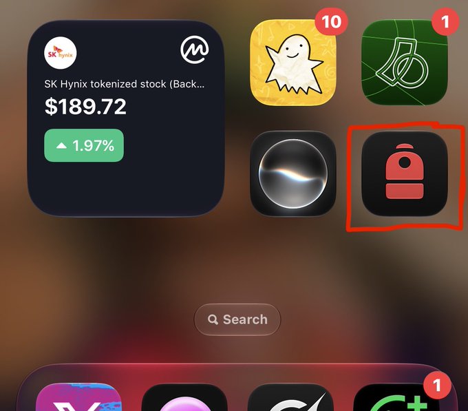 An iPhone home screen showing a SK Hynix tokenized stock widget priced at $189.72 (▲1.97%), with a red icon outlined in red marker, alongside other app icons including Snapchat and a search bar.